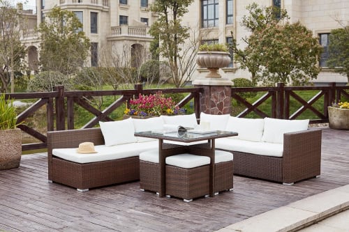 Jardin Ensemble table et chaises de jardin | Salon de jardin encastrable 10 places en résine marron/blanc - BL69472
