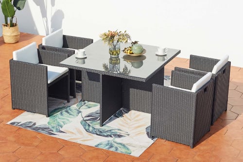 Jardin Ensemble table et chaises de jardin | Table et chaises 4 places encastrables en résine noir/blanc - CT32217