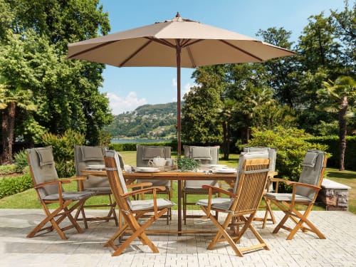 Jardin Ensemble table et chaises de jardin | Salon de jardin avec parasol et coussin beige et gris - PJ67142