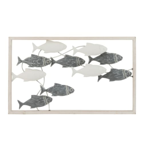 Déco Plaques et lettrages | Décoration murale poisson nage métal/bois blanc/gris 50x30cm - VO17548