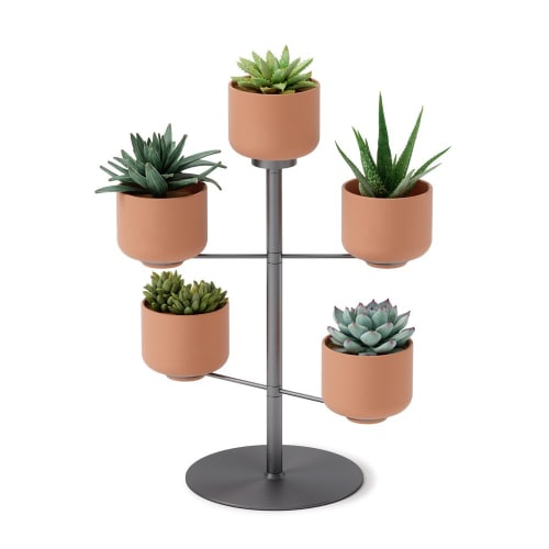 Déco Jarres et cache-pots | Porte pots de fleurs rotatifs, 5 pots, céramique et métal titanium - BN00091