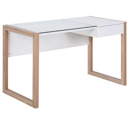 Meubles Bureaux et meubles secrétaires | Bureau informatique contemporain tiroir verre aspect bois blanc - CL43678
