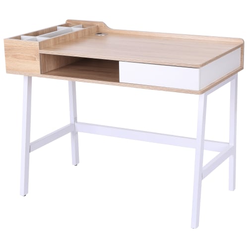 Meubles Bureaux et meubles secrétaires | Bureau informatique multi-rangements métal blanc MDF chêne clair - AR65179