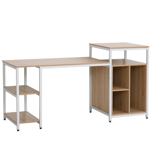 Meubles Bureaux et meubles secrétaires | Bureau informatique multi-rangements grand plateau blanc aspect chêne - HC13102