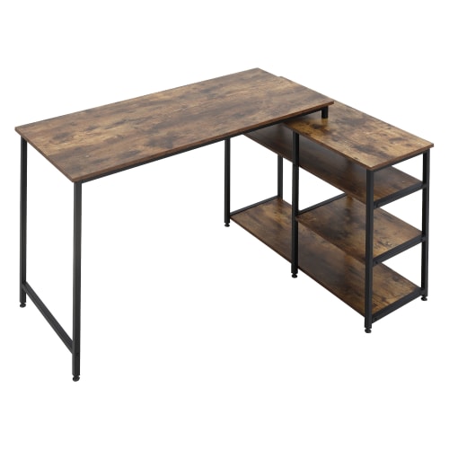 Meubles Bureaux et meubles secrétaires | Bureau d'angle design industriel 3 étagères aspect bois métal noir - KR21413