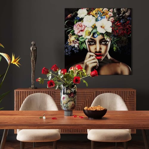 Déco Toiles et tableaux | Tableau femme fleurs tropicales en verre 120x120 - NQ49665