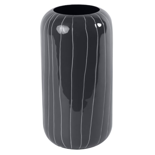 Déco Vases | Vase moderne design métal émaillé gris foncé rayé beige h 26 cm - EL86723