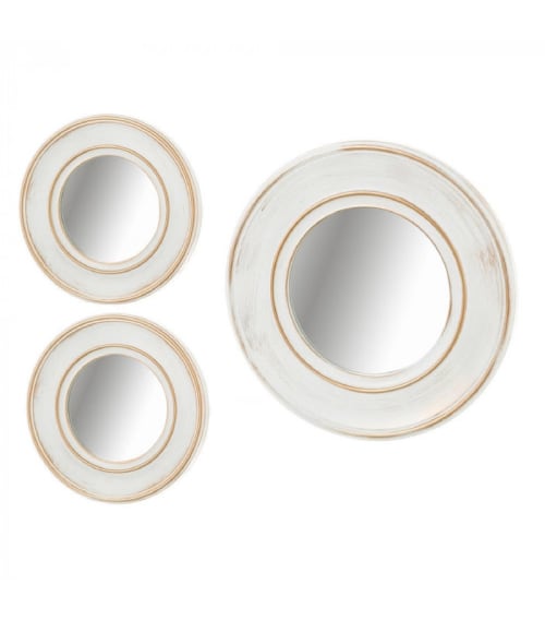 Déco Miroirs | Set de 3 miroirs ronds avec moulures en polypropylène blanc et doré - HM52473