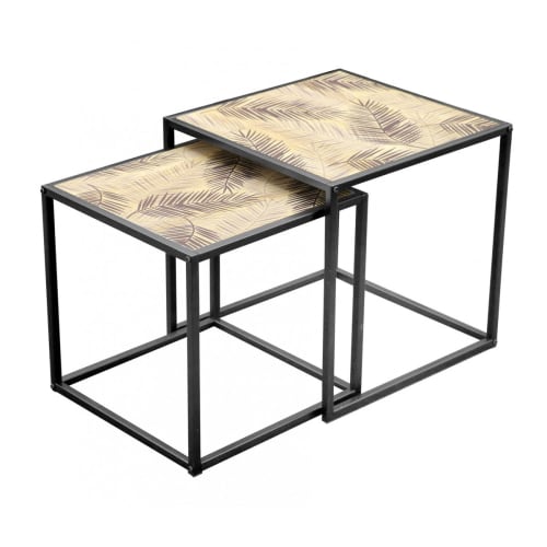 Meubles Tables basses | Set de 2 tables basses gigognes en bois et métal noir palmiers - QY12005