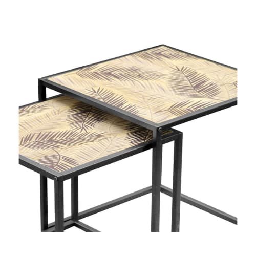 Meubles Tables basses | Set de 2 tables basses gigognes en bois et métal noir palmiers - QY12005