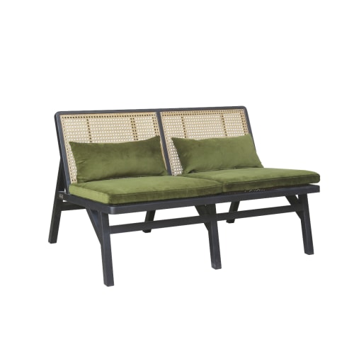 Canapés et fauteuils Banquettes | Banquette en cannage chêne laqué noir et velours vert vintage - MH21535