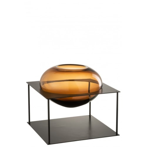 Vase en verre marron et métal noir H22,5cm