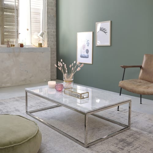 Meubles Tables basses | Table basse rectangulaire en marbre et métal blanche - YG49481