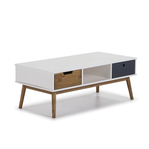 Meubles Tables basses | Table basse blanc, fabriqué en bois de pin massif, 2 tiroirs, 110 cm - GA85051