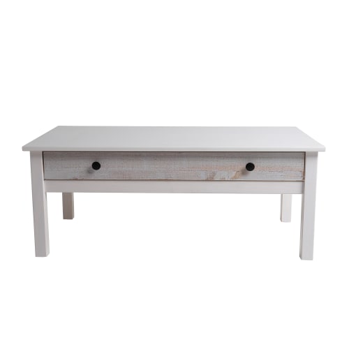 Meubles Tables basses | Table basse rectangulaire blanche, pin massif, 1 tiroir, 100 cm - DB53682