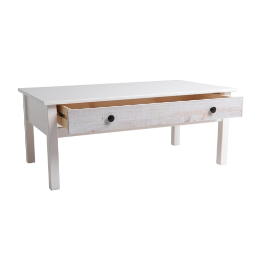 Meubles Tables basses | Table basse rectangulaire blanche, pin massif, 1 tiroir, 100 cm - DB53682