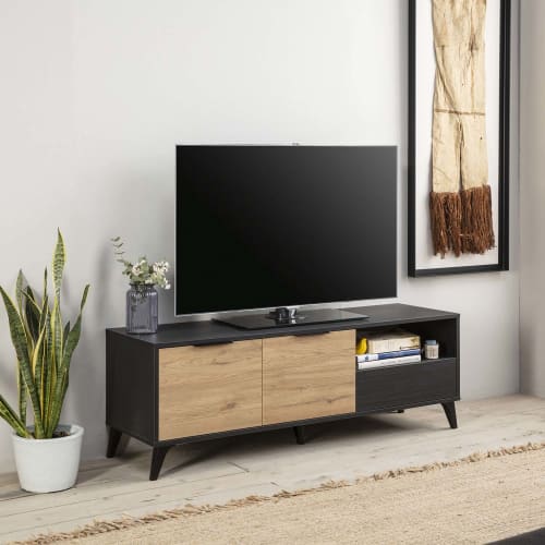 Mueble tv bella 3 puertas color roble con ratán natural BELLA