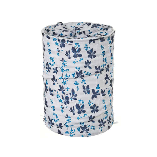 Déco Rangements salle de bain | Panier à linge en polyester blanc et bleu floral 40x40x55cm - IS83634