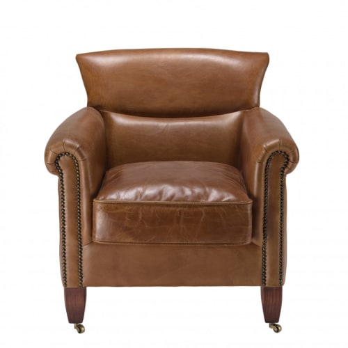 Canapés et fauteuils Fauteuils | Fauteuil vintage en cuir marron pieds en bois et roulettes - FR15134