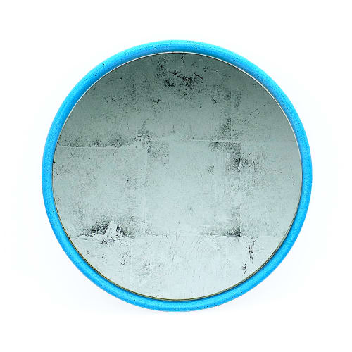 Déco Miroirs | Miroir antique avec feuilles d'argent et cadre en béton bleu D28cm - CM06767