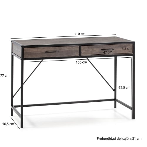 Muebles Escritorios | Mesa de escritorio negro, 2 cajones, estilo industrial, 110x50x76 cm - MX79062