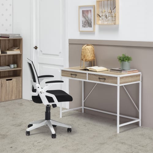 Muebles Escritorios | Mesa de escritorio blanco, 2 cajones, estilo industrial, 110x50x76 cm - GO08596