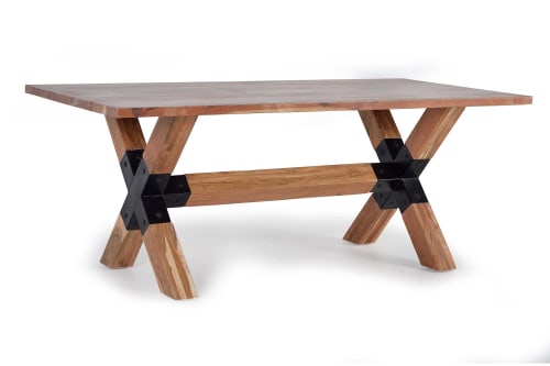 Meubles Tables à manger | Table à manger en bois d'acacia naturel et pieds en métal noir - XQ08756