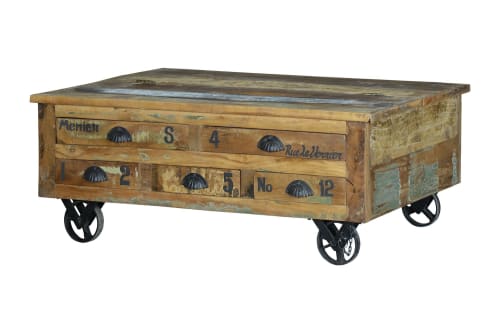 Meubles Tables basses | Table basse en bois recyclé et roulettes métal multicolores - FL26779
