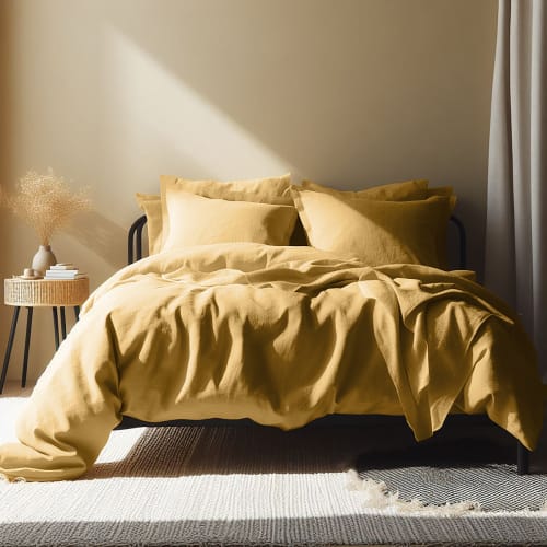 Ropa de hogar y alfombras Sábanas bajeras | Sábana bajera 180x200x40 de lino lavado amarillo cúrcuma - LO99544