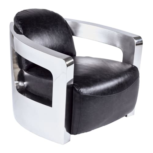 Canapés et fauteuils Fauteuils | Fauteuil en cuir noir structure en acier inoxydable - HO73451