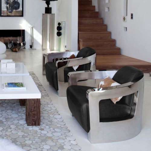 Canapés et fauteuils Fauteuils | Fauteuil en cuir noir structure en acier inoxydable - HO73451