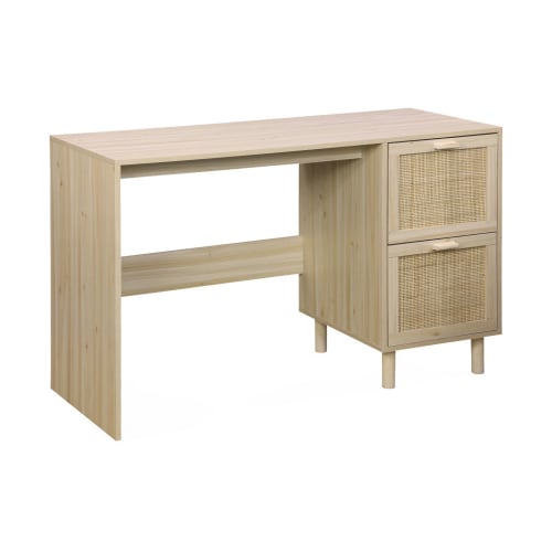 Meubles Bureaux et meubles secrétaires | Bureau décor bois et cannage, 120cm, 2 tiroirs - AW81207