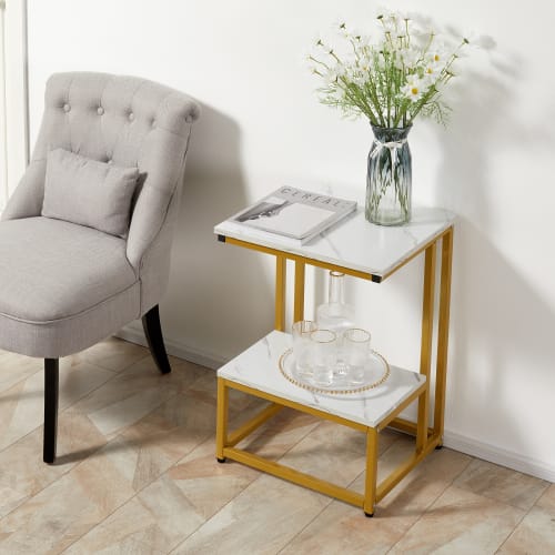 Meubles Tables basses | Guéridon bout de canapé acier doré plateau étagère aspect marbre blanc - TQ99168