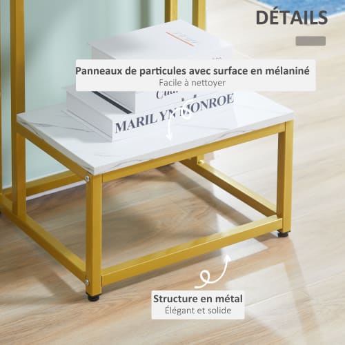 Meubles Tables basses | Guéridon bout de canapé acier doré plateau étagère aspect marbre blanc - TQ99168