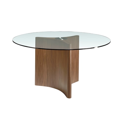 Meubles Tables à manger | Table ronde D150 en verre trempé et bois couleur noyer - AU80356