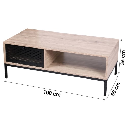 Meubles Tables basses | Table basse en bois et métal grillagé noir 1 tiroir - ZH39802