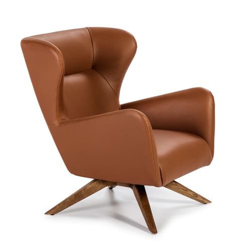 Canapés et fauteuils Fauteuils | Fauteuil pivotant en simili cuir marron avec pieds couleur noyer - QM30744