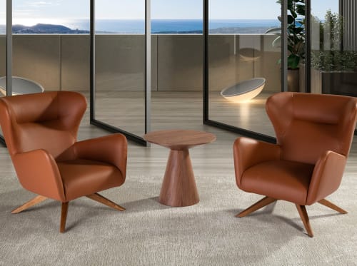 Canapés et fauteuils Fauteuils | Fauteuil pivotant en simili cuir marron avec pieds couleur noyer - QM30744