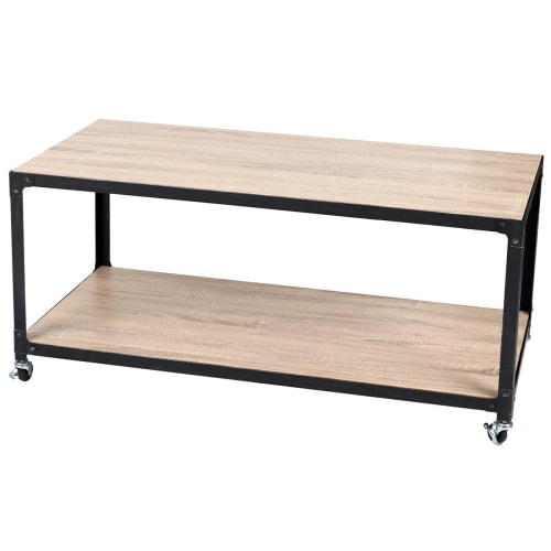 Meubles Tables basses | Table basse 2 plateaux bois et métal noir sur roulettes - IE31082