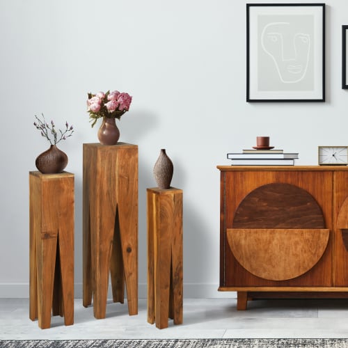 Muebles Mesas auxiliares | Juego de 3 columnas decorativas, cuadradas, marrón, madera - PQ60570