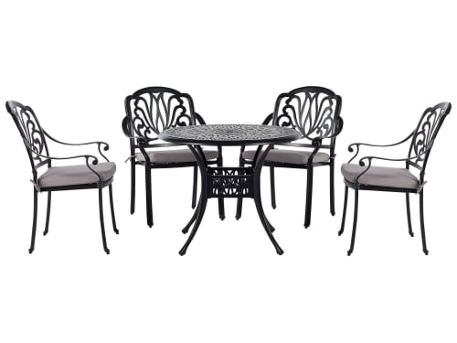 Jardin Ensemble table et chaises de jardin | Ensemble de repas de jardin noir 4 places avec coussins beiges - OK96191