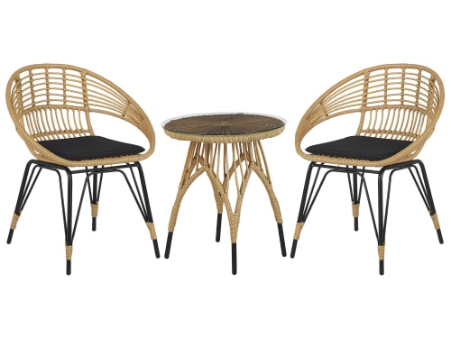 Jardin Ensemble table et chaises de jardin | Salon de jardin bistrot effet rotin clair / pieds noirs - IU27084