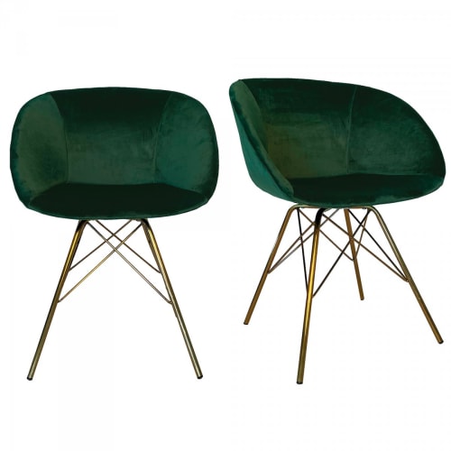 Meubles Chaises | Lot de 2 chaises en velours et pieds métal vert - NO78433