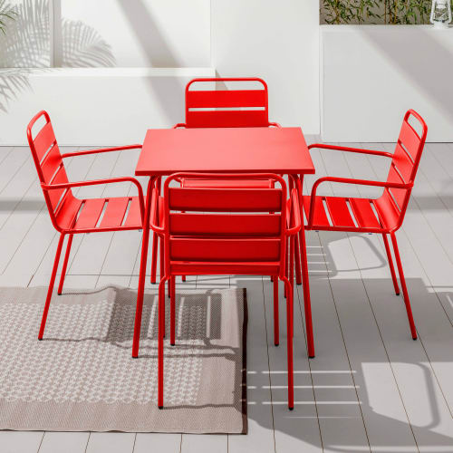 Jardin Ensemble table et chaises de jardin | Table de jardin carrée et 4 fauteuils acier rouge - AV18849