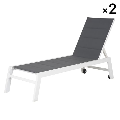 Jardin Ensemble table et chaises de jardin | Lot de 2 transats en aluminium blanc et textilène gris - PW50947
