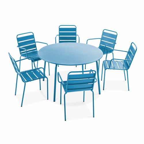 Jardin Ensemble table et chaises de jardin | Table de jardin ronde et 6 fauteuils en métal bleu - XL14520