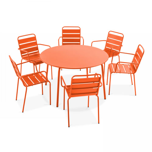Jardin Ensemble table et chaises de jardin | Table de jardin ronde et 6 fauteuils acier orange - OO33584
