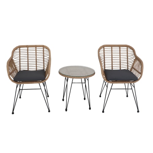 Jardin Ensemble table et chaises de jardin | Salon de jardin 2 places en résine et coussins gris - HM11829