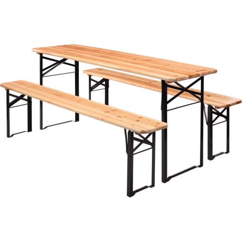 Jardin Ensemble table et chaises de jardin | Mobilier réception pliable table + 2 bancs en métal noir et bois - TT68560