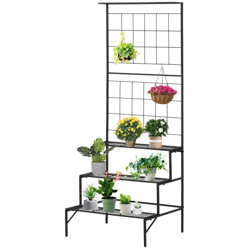 Support pour plantes avec treillis et 3 étagères escalier métal noir